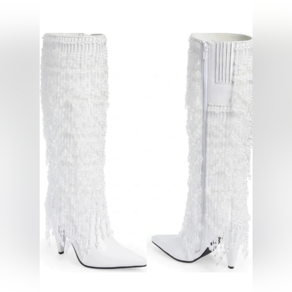 Jeffrey Campbell Fallin4U White Tall Beaded Fringe Heeled Boots Tall Size 7 - Picture 2 of 9